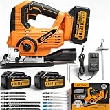 JEXUGK Cordless Jigsaw, Battery Jig Saw with 2 x 4.0Ah Batteries & 12 Blade