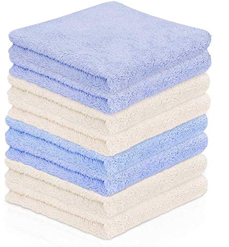 MBLAI Coral Velvet Kitchen Dishcloth, 8 Pack Kitchen Towels, Super Absorbent Dishtowels, Nonstick Oil Washable Fast Drying Towels Machine Washable (Creamy-White+ Blue, 12" x 12")