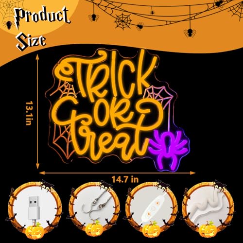 Image of Halloween Neon Sign Trick Or Treat Neon Sign for Wall Decor Halloween Spider Led Neon Light Sign Neon Halloween Sign Dimmable Light Up Sign for Halloween Decorations Party Decor Home Bar