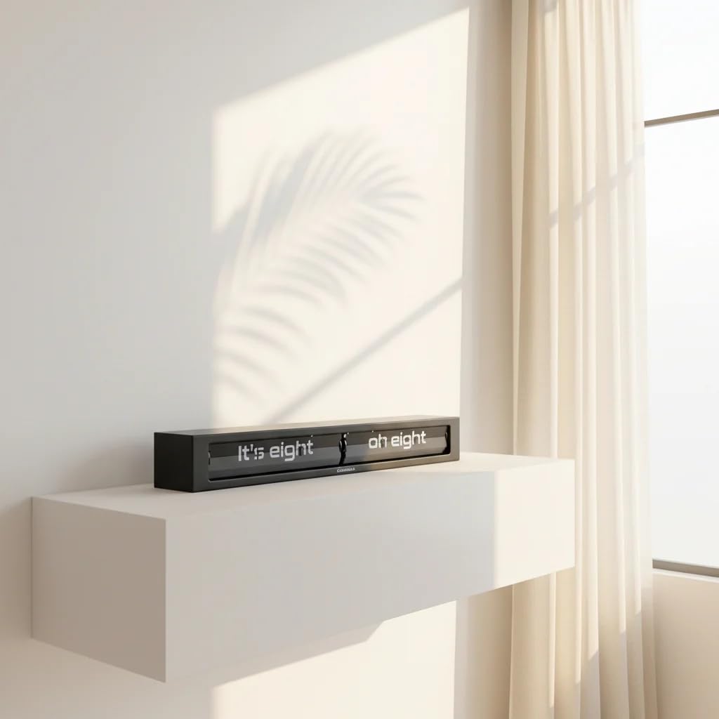 Cloudnola Texttime Flip Uhr - Wand- oder Tischuhr - Wand Deko Uhr, Schwarz und Weiß, Regal 8 cm tief 60 cm breit, Batteriebetriebene, Digitale Retro Flip Uhr
