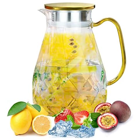 Jitejoe Glass Pitcher 61oz Large Carafe with Lid Easy Clean Heat Resistant Borosilicate Boiling Glassware Water Jug for Juice,Milk,Coffee,Ice Iced Tea,Lemonade,Cold or Hot Beverages (61oz Carafe) Cover