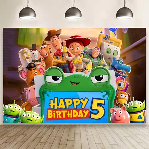 Cartoon for Toy Inspired Story 2026 Background Birthday Decorations Happy Birthday Banner Backdrop for Dragon Birthday Party Supplies Polyester Fabric (5x3ft)