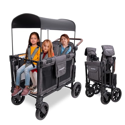 Image of WonderFold W4 Luxe Pro Stroller Wagon - Collapsible Stroller Wagon with Aluminum Frame - Adjustable Canopy & Push Handle - XL All-Terrain Wheels - For Babies, Toddlers & Kids - 4 Seater - Gray