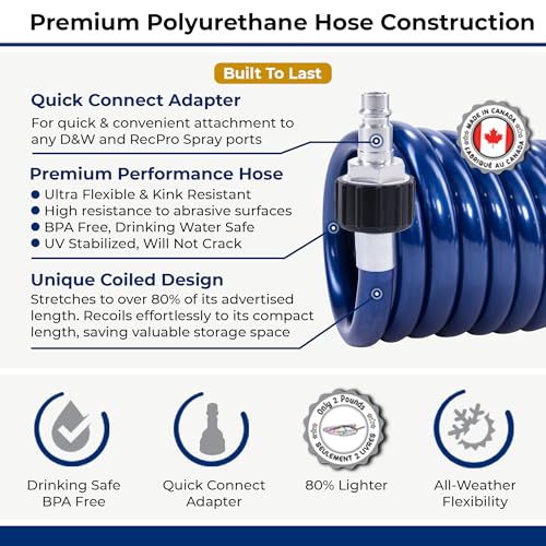 Image of SpringHose RV Premium Polyurethane Drinking Water Safe Coil Hose with Male Adapter Plug - Lightweight Recoil Garden Hose Retractable Blue Coil Garden Hose 3 /8 in by 15-Foot Made in Canada | Blue, Coiled RV Water Hose, Drinking Water Safe, Premium Polyurethane, Lightweight, Male Adapter, Made in Canada