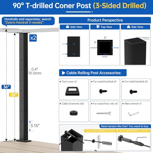 Image of 2Pack 36 inch Swageless Modular T-drilled Cable Railing Corner Post, Stainless Steel T304 Black Coated Surface Mount Three Sides 90Metal Post for Cable Railing System Deck Indoor Outdoor Balcony