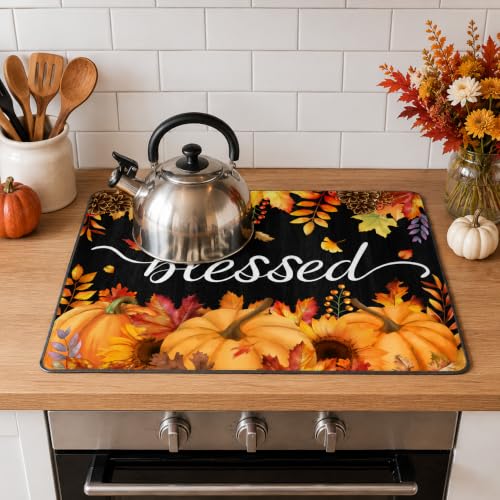 Image of Blessed Stove Top Cover for Electric Stove, Fall Pumpkins Range Covers, Thanksgiving Kitchen Range Top Mats, Fall Leaves Glass Cooktop Covers 28x20 inch, Vintage Cooktop Cover for Kitchen Home Decor