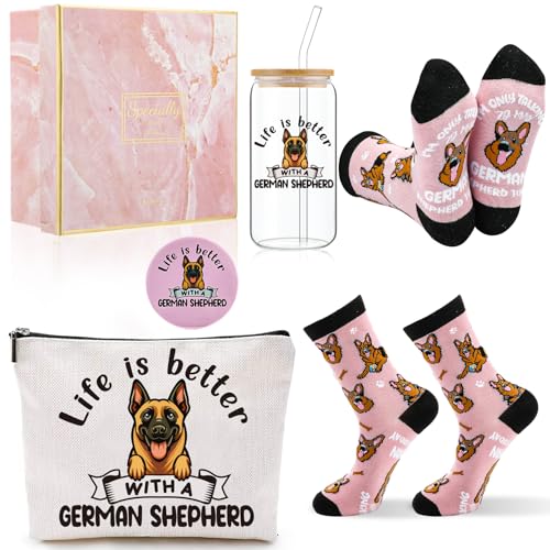 German Shepherd Gifts Kacctyen 5 Pcs German Shepherd Gift Set for Women Dog Gifts with 16 oz Dog Glasses Cups German Shepherd Cosmetic Bags Pocket Mirror Animal Socks for Woman Animal Lover Birthday Decoration Accessories
