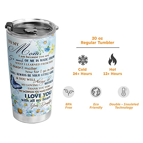 64Hydro 20Oz Daughter To Mom Birthday Gifts For Women, Mom, Friends, Valentines Day Gifts For Her, Inspirational Gifts Butterfly Daisy To Mom Tumbler Cup, Insulated Travel Coffee Mug With Lid #TOP4