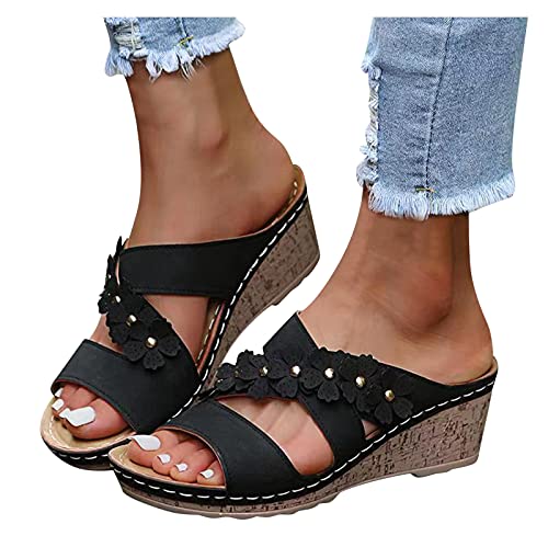 Aniywn Women’s Comfortable Open Toe Crisscross Straps Slip on Wedge Sandals Flower Wedge Slippers Casual Beach Shoes Black