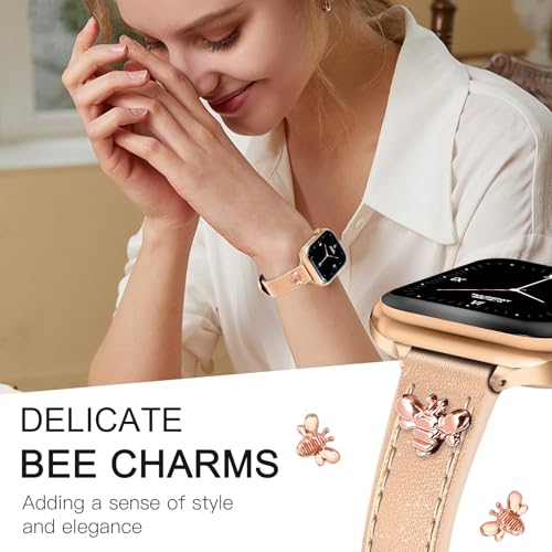 Image of JR.DM Slim Leather Bands Compatible with Apple Watch Band 38mm 40mm 41mm 42mm 44mm 45mm 46mm 49mm, Genuine Leather Band with Charms, Feminine Design for Iwatch Ultra SE Series 11 10 9 8 7 6 5 4 3 2 1