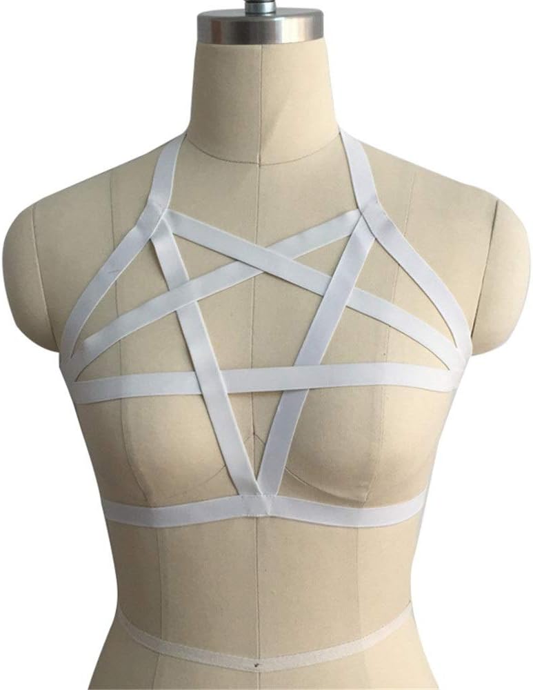 Damen Lederkette Body Caged Lock Frauen Dessous Neckholder Pentagramm