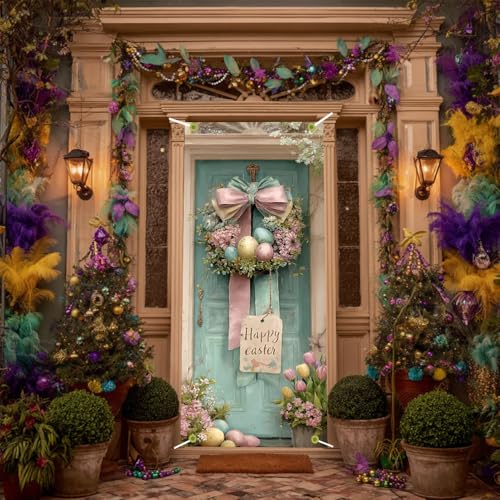 Image of Easter Door Cover 35.43 x 70.87 Inch Pastel Ribbon Wreath with Decorative Eggs Vintage Door Scene and Spring Florals Ideal for Seasonal Holiday Entryway Decoration