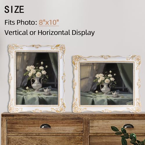 Image of Saysmile 8x10 Vintage Picture Frames, White Antique Gothic Frames with Glass Front, Elegant Photo Frame for Wall or Tabletop Display, Retro Wall Picture Frames For Home Decor, Gift Ideas