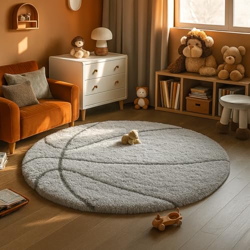 Image of Basketball Theme Rug - Shaggy Soft Carpet, Round Area Rug, Polyester, Sports Design Mat for Bedroom, Kids, Teen, Playroom, Living Room - (Silver, 5x5 feet, Round)