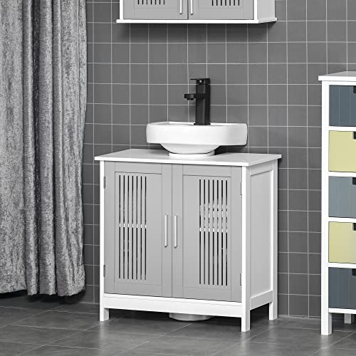 Kleankin Modern Under Sink Cabinet With 2 Doors, Pedestal Under Sink Bathroom Cupboard With Adjustable Shelves, Grey And White #TOP1