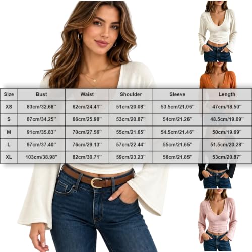 Bell Sleeve Tops for Women,Long Sleeve Going Out Tops for Women V Neck Slim Fit Cropped Fall Shirts Y2k Flowy Dressy Casual Business Blouses,Khaki,L - image 4