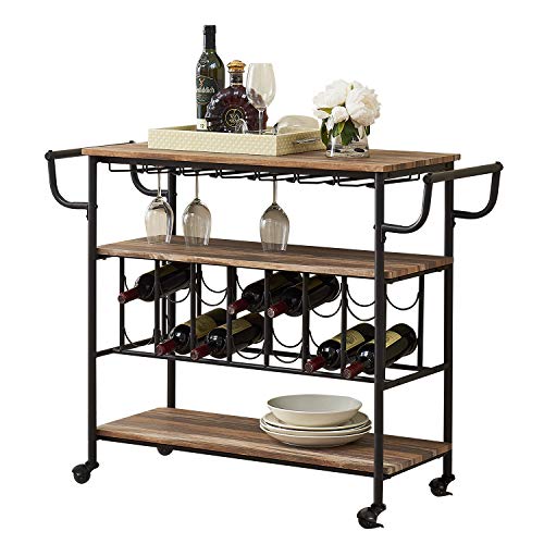 HOMYSHOPY Industrial Bar Cart with Wine Rack and Glass Holder, Mobile Wine Carts