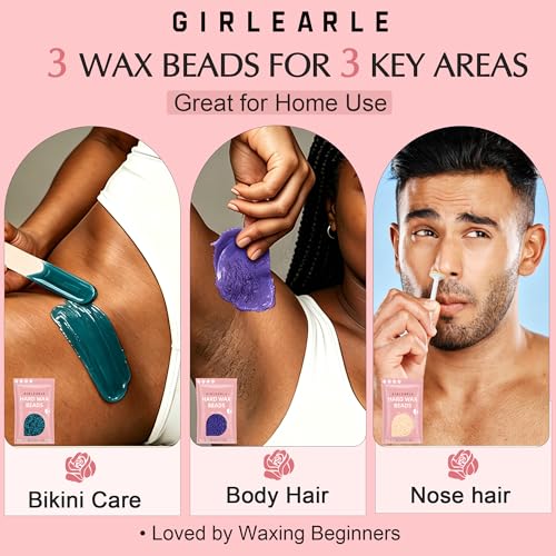 Image of GIRLEARLE Black and Pink Digital Waxing Kit for Women and Men Nose & Ear | Wax Kit Hair Removal at Home with Wax Beads & Silicone Pot, Designed for Brazilian Bikini, Facial, legs, Body, Sensitive Skin
