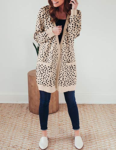 MEROKEETY Women's Open Front Knit Cardigan Winter Fall Sweater Dots Long Sleeve Pockets Coat Outwear, Khaki, S