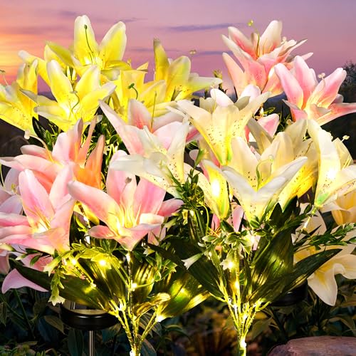 GIGALUMI Solar Garden Lights, 4Pack LED Lily Garden Decor Carefree Solar Flowers Outdoor Waterproof, Yard Decorations Outdoor, Allergy-Free Light up Flowers for Yard Patio (2Pink,1White,1Yellow) by GIGALUMI - Used condition - US$28.92