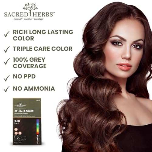 Image of SACRED HERBS Natural Gel Hair Color, Premium Pack | India's 1st pH Neutral Formula | Ammonia, PPD & Paraben Free | 20+ Herbal Actives, 100% Grey Coverage | Conditioning & Damage Free, For Women | BURGUNDY 3.60 | Pack of 2 ( 240ml + 20gm, EACH )