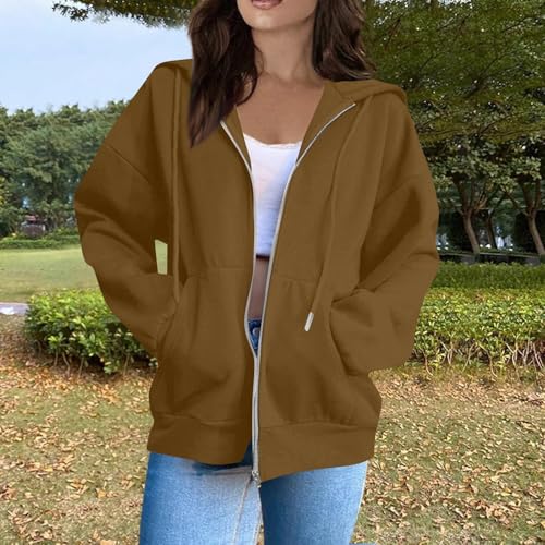 OIOLOYJM Zipper Hoodies for Women Long Sleeve Oversized Sweatshirts Y2k Drawstring Soft Jacket 2025 Fall Fashion with Pockets