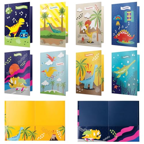8 School Folders - Cute Pocket Folders with 8 Unique Dinosaur Designs in Front, Back Cover and Inside - Kids Pocket Folders - Homework Folders - Dinosaur Folders - 12 x 9.25 Inches (Pack of 8)