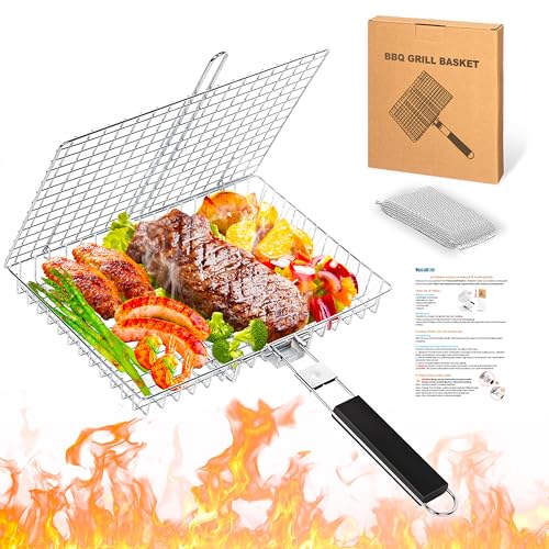 Large Stainless Steel Grilling Basket with Removable Handle Deep Fish & Vegetable Grill Basket for Outdoor BBQ Heavy Duty Non-Stick Basket for Gas/Charcoal Grill Easy to Clean Gifts for Dad