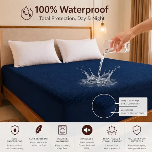 Image of Cotton Feel Terry 72x72 inch Ultra Soft Waterproof Mattress Protector Double Bed Size | Breathable Hypoallergenic Mattresses Cover for Double Bed Size (Dark Blue)