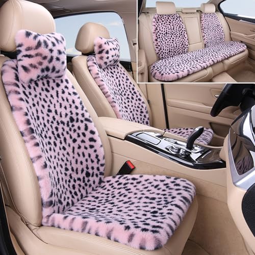 HPLWYM Pink Plush Leopard Car Seat Cover for Women, 9PC Cute Universal Automotive Seat Covers with Neck Pillow for Cars SUV Truck Interior Cover, Fluffy Car Seat Protector Accessories Car Seat Cushion -  aa69JbcENT