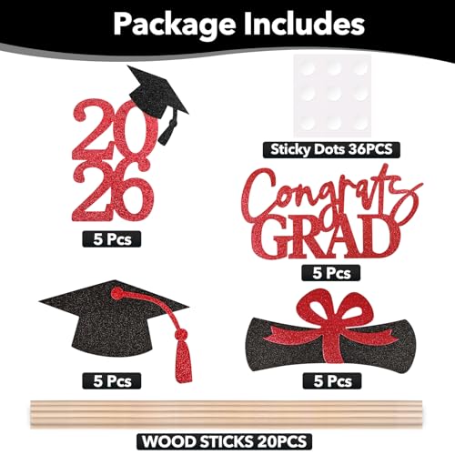 Image of 20 PCS Graduation Decorations Class of 2026, Black and Red Double-Sided Centerpieces, Grad Cap Sticks, Table Toppers, Graduation Party Decorations
