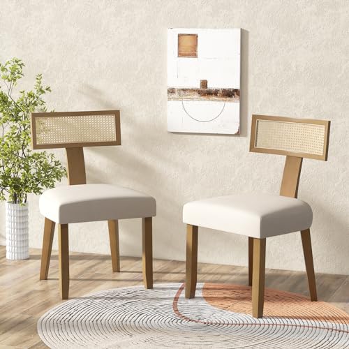 COSTWAY Chaises Salle à Manger en Bois Lot de 2, Chaise de Cuisine avec Dossier Ergonomique en Rotin, Assise Rembourrée en Tissu Lin, Design Cannage Naturel,...