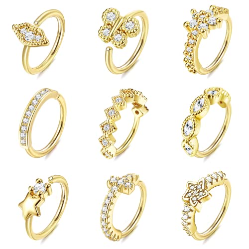 Dochais 9 Stück Nasenring Hoop, Nasenring 20g 8mm, Nasenring Septum Boho, Piercing Ohr Hoop, Blume Stern Schmetterling Nasenring, Set Nasenring Piercing Gold für Frauen Männer Cover