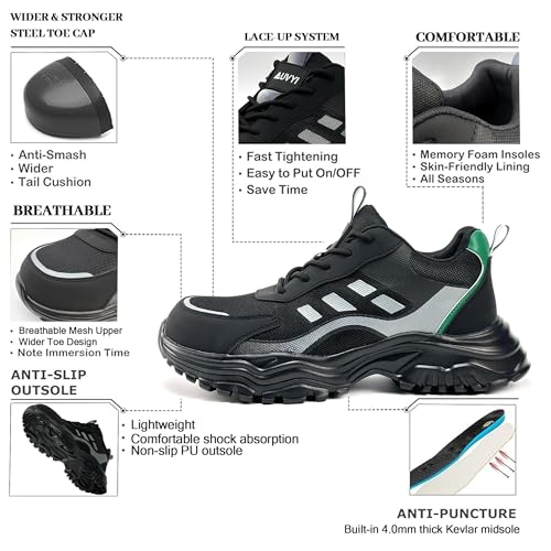 Image of Steel Toe Work Shoes for Men - Non Slip Wide Toe Lightweight Safety Shoes Breathable Slip Resistant Construction Industrial Work Safety Sneakers