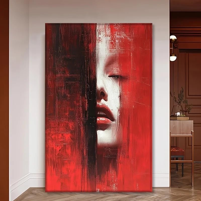 Toile abstraite visage femme rouge et noir 60x80cm pour salon