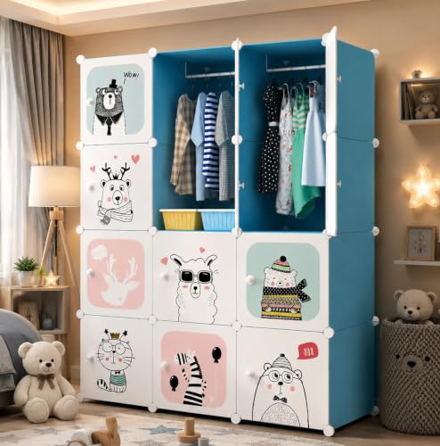 Image of 12 Door Plastic Wardrobe for Kids - Cupboard for Clothes Storage Rack, Almirah for Clothes, Baby Collapsible Wardrobe, Multi-Purpose Kids Storage Organizer for Books,Toy (Blue-KTJ1, 12-Door)