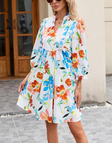 Image of EZAPINE Women Floral Babydoll Mini Dress V Neck 3 /4 Puff Sleeves A Line Flowy Swing Summer Sun Dresses