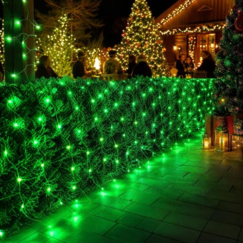 Image of Dazzle Bright Christmas Net Lights, 360 LED 12FT x 5 FT Transparent Wire Waterproof Connectable String Lights with 8 Modes Christmas Outdoor Lights for Bushes Garden Party Holiday Decoration (Green)