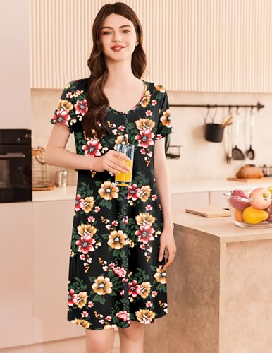 Image of Ekouaer Women's Nightshirt Short Sleeve Button Down Nightgown V-Neck Sleepwear Pajama Dress
