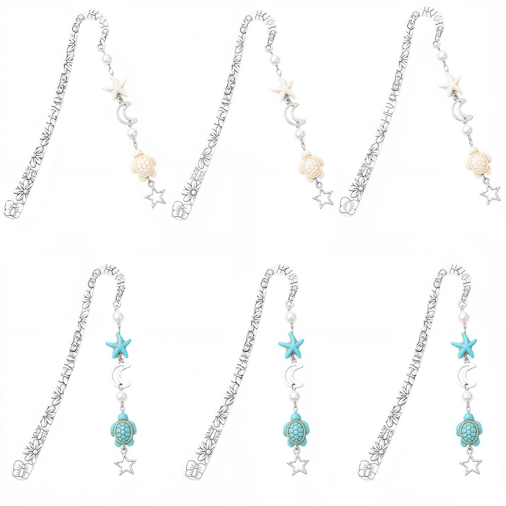 CRASPIRE 6Pcs Ocean Metal Bookmarks Starfish Dolphin Turtle Alloy Vintage Pattern Summer Antique Silver Turquoise Beads Gemstone Beading Pendant