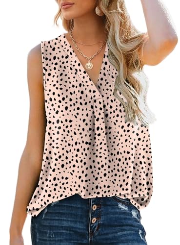 Aokosor Tank Top Damen Sommer Top Elegant Oberteile Tshirt Ärmellos Damen V Ausschnitt Lässig Locker Boho Bluse beige Punkt L