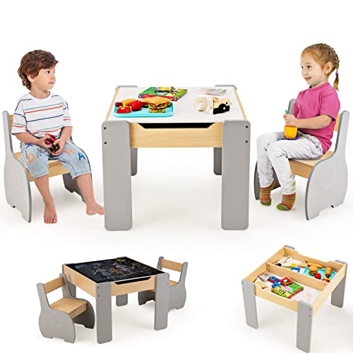 COSTWAY 4 en 1 Table Enfants avec 2 Chaises en Forme d'Eléphant, Table et Chaises en Bois avec Tableau Amovible, Espace de Rangement, Bureau pour Dessiner...
