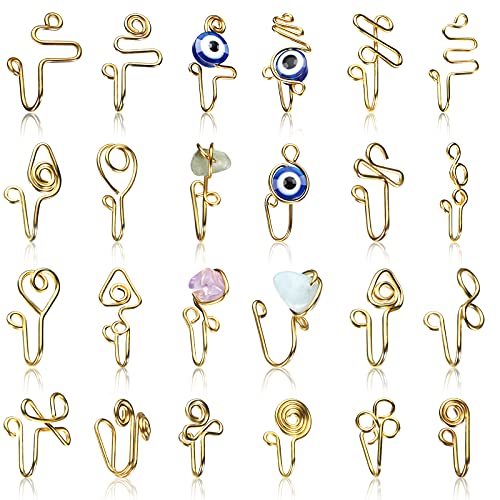 Jadive 24 Pcs Fake Nose Ring for Women Men African Nose Cuff Stainless Steel Non Piercing Evil Eye Faux Clip on Septum Ring Jewelry Gift for Birthday(Gold)