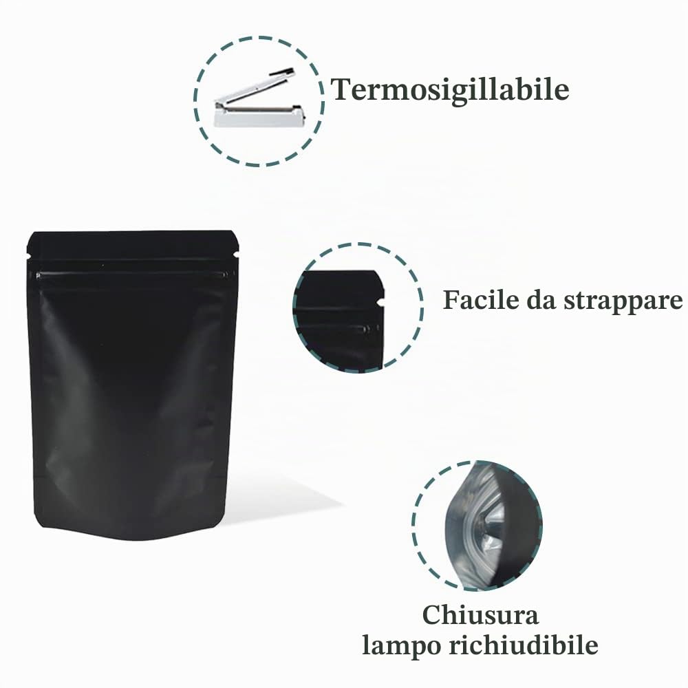 50 Sacchetti Alluminio Opaco Chiusura Zip, Nero, 18x26cm | Anti-odori, Mat Nero, Per alimenti, Conservazione a lungo termine