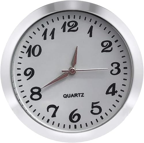 Mini Clock Insert 1.8 Inch (45 mm) Round Quartz Movement Miniature Clock White Dial Silver Tone Bezel Arabic Numerals Fit 1.6 Inch (40 mm) Diameter Hole