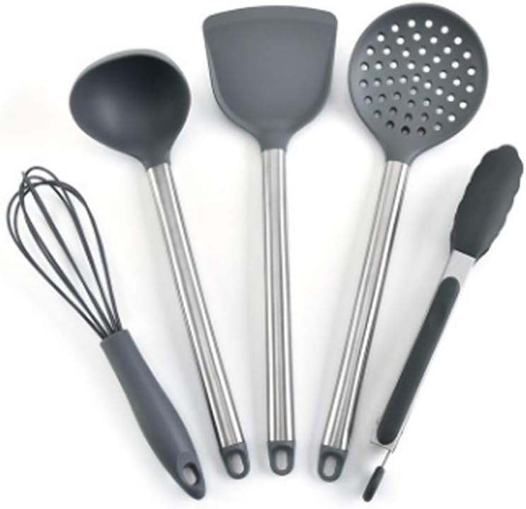 Silicone Kitchenware Set, Stainless Steel Pipe Handle, Five-Piece Kitchen Tool Set, Non-Stick Spatula Spoon Cooking (A) (A)