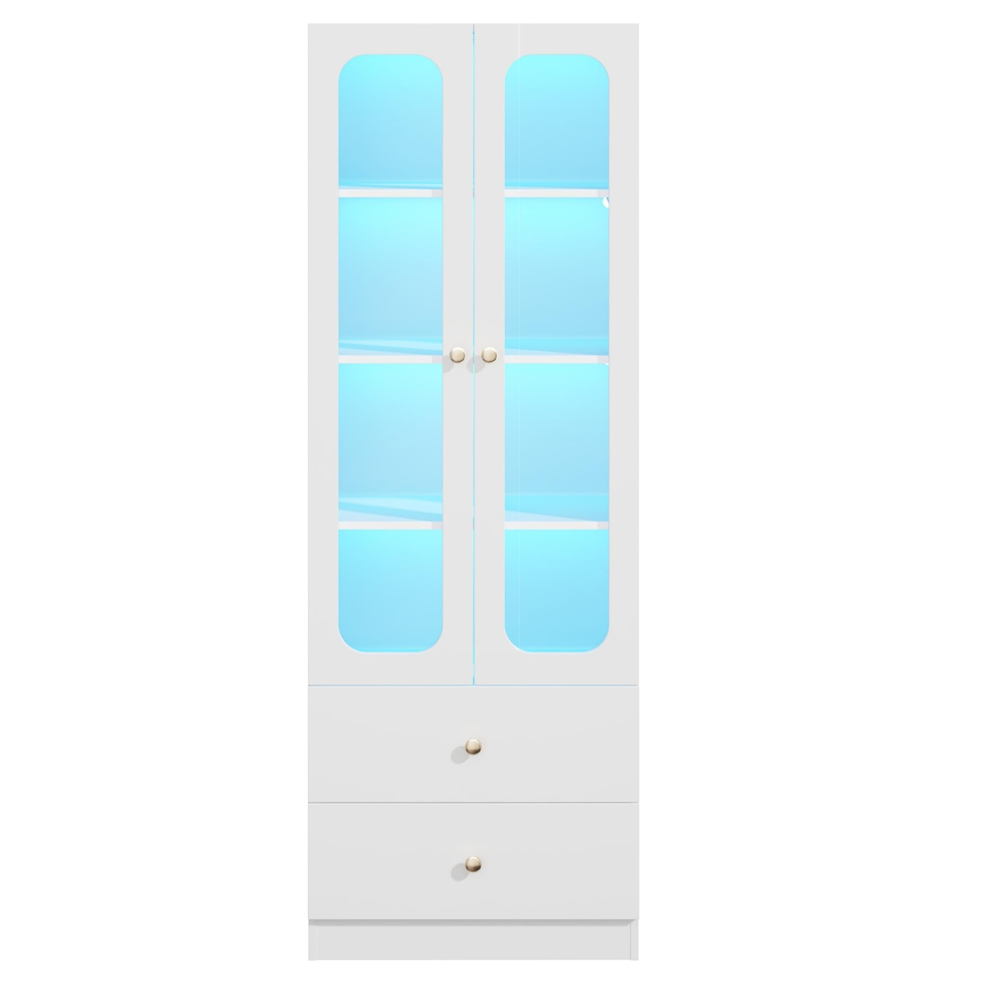 Vitrina de cristal blanco, armario de cocina, vitrina coleccionable, 4 niveles, armario de juguetes con 2 cajones, asas de metal doradas, 60 x 35 x 170 cm