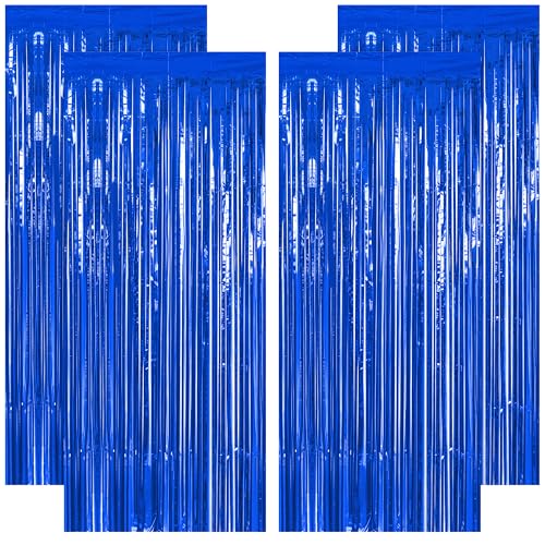 Image of ZATAYE 4 Pack Dark Blue Foil Curtain Streamer Decorations | Dark blue, Metallic Foil, 3.28 x 7.05 FT, Tinsel Backdrop, Foil Curtain Streamer, Party Decorations
