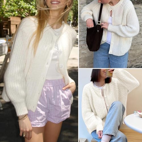 Image of KEOMUD Women's Long Sleeve Cardigan Sweaters Spring Casual Crewneck Button Down Chunky Knit Cardigans