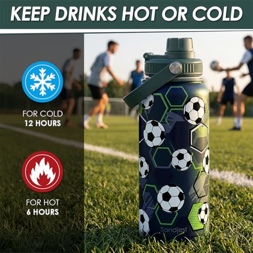 Image of Soccer Water Bottle 32oz Stainless Steel, Travel Tumbler Vacuum Chug Lid Aesthetic Sport for Boys Men Friends Dad Brothers, Gifts for Fathers Day Birthday Christmas